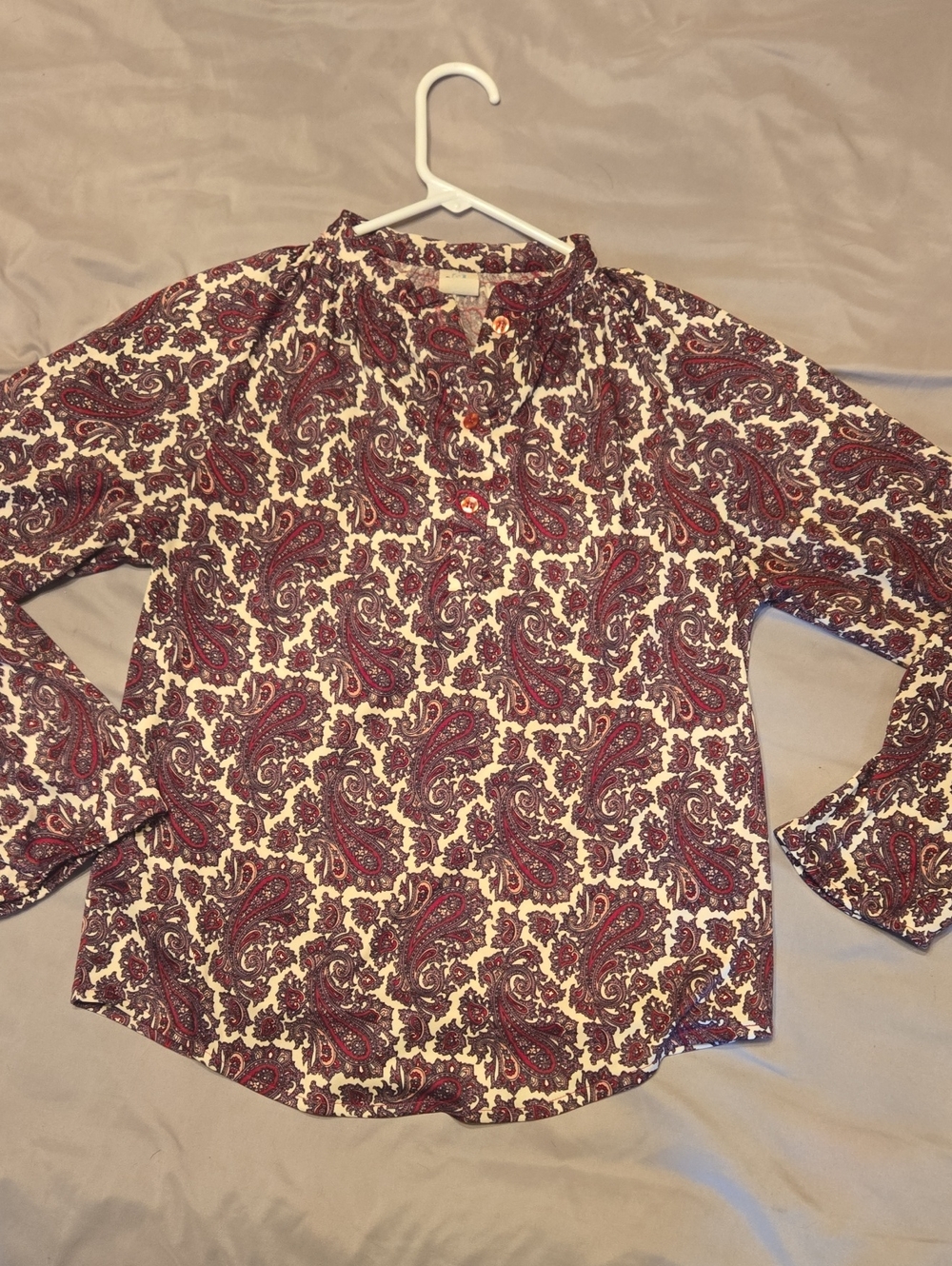 Vintage Paisley Print Long-Sleeve Blouse - Burgundy and Cream
